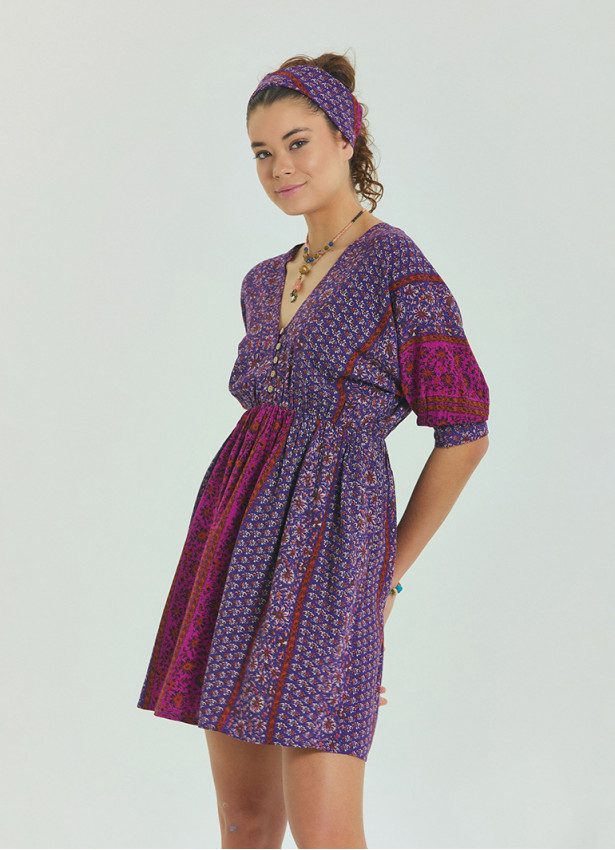 V Neck Elastic Waist Backless Purple Flower Dress 4566